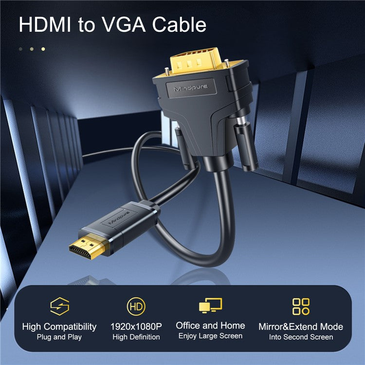 MINDPURE AD037 2m HDMI to VGA Cable 1080P 60Hz HD-Compatible Cord for TV / Monitor / Projector