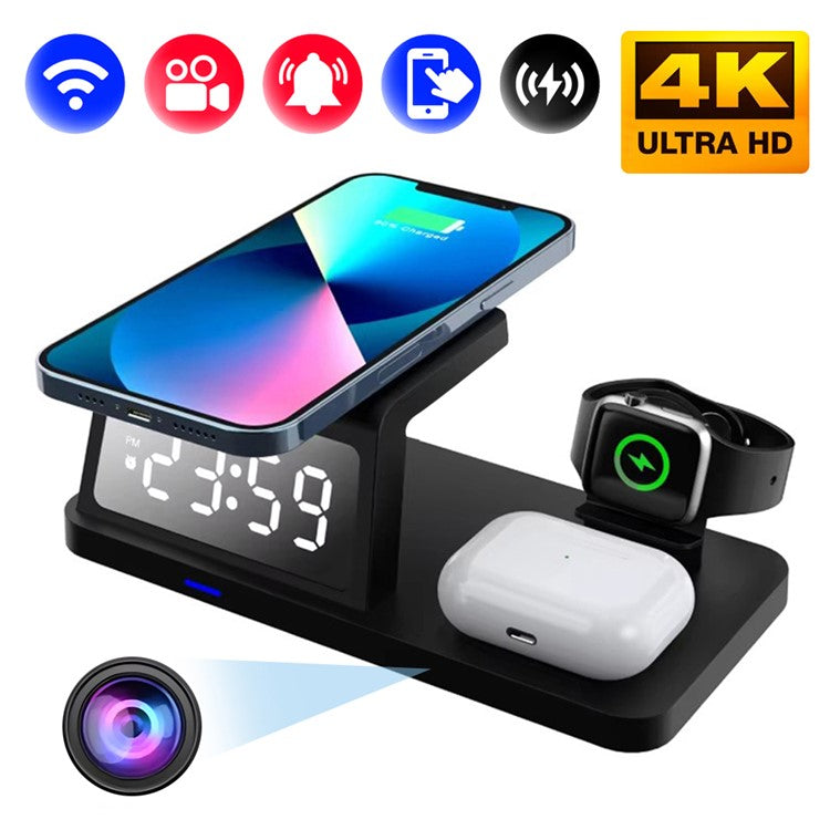 15W Wireless Charger Clock Alarm 4K WiFi Security Camera with Motion Detection - Black