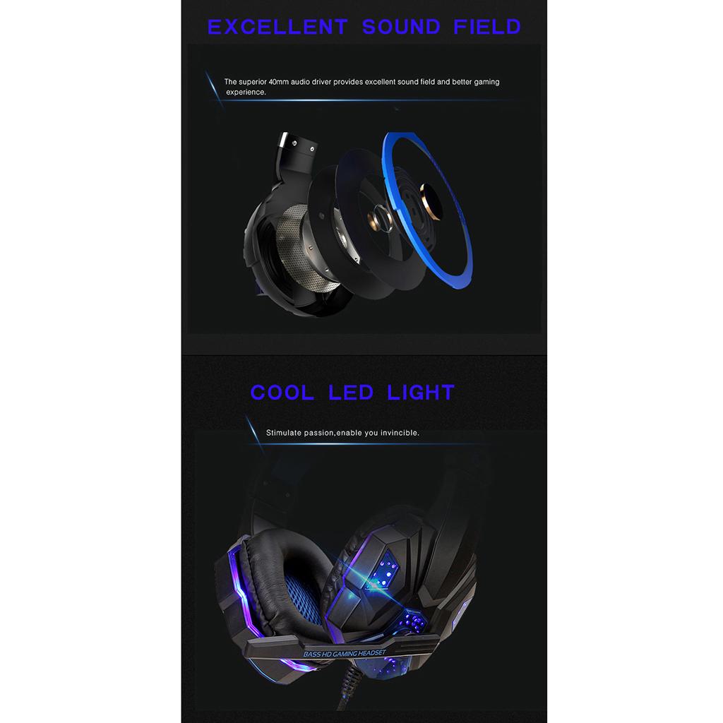 Wired Head-mounted Gaming Headset with Mic and LED Light White Blue