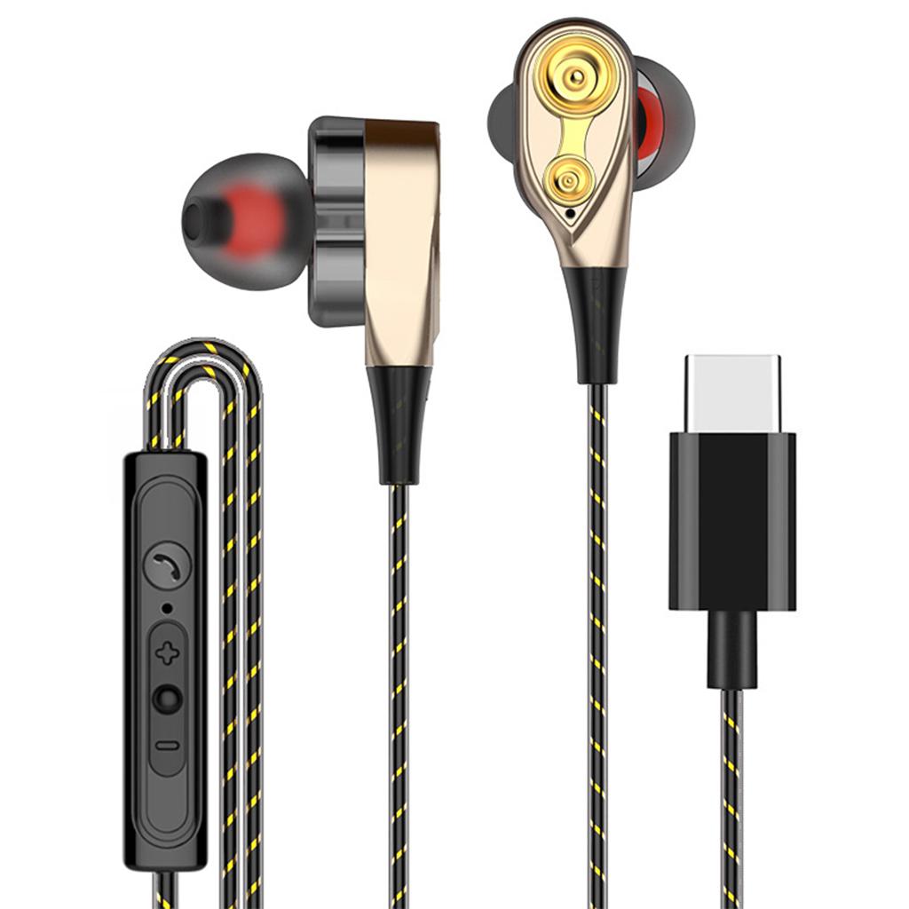 Dual Driver In-Ear Earphones Type-C Stereo Headphones Golden(Colored Wire)
