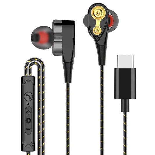 Dual Driver In-Ear Earphones Type-C Stereo Headphones Black(Colored Wire)