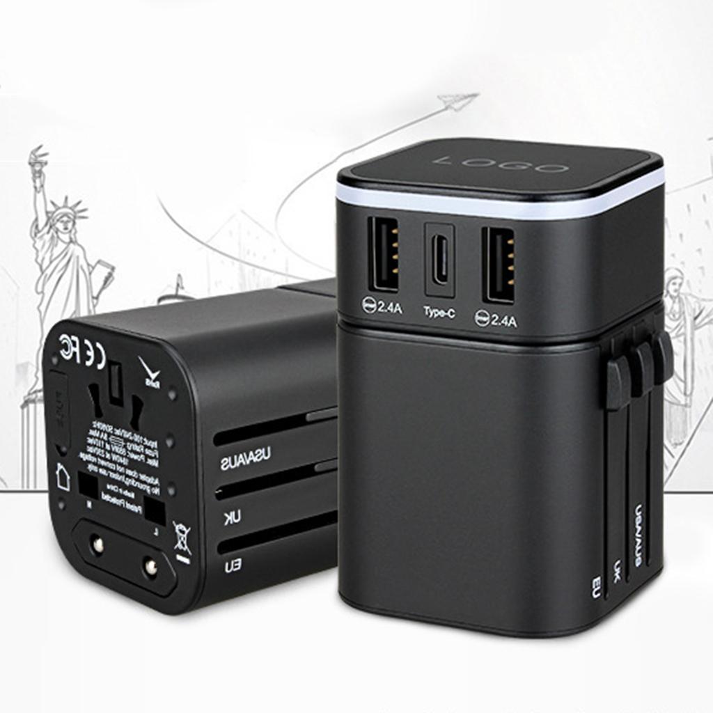 Travel Adapter International Power Charger Plug Converter 2-USB Type-C Black