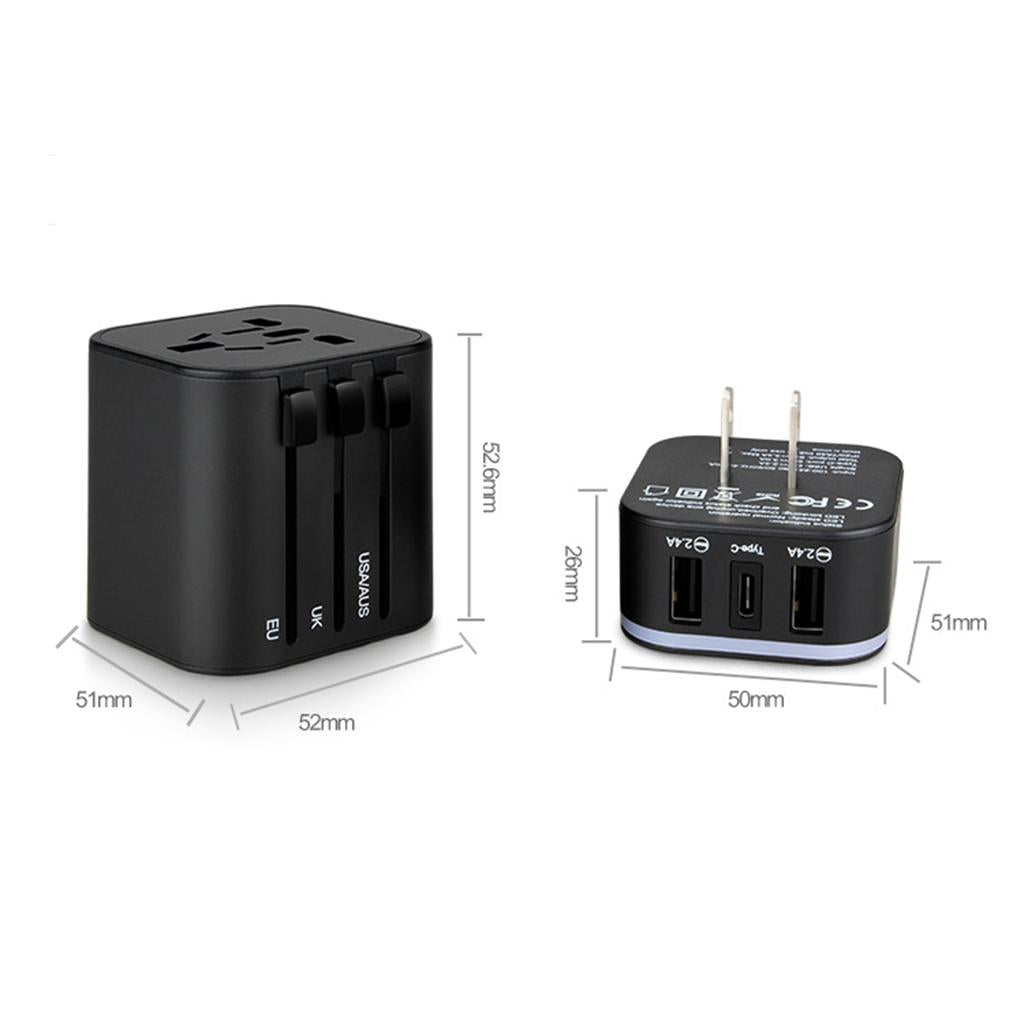 Travel Adapter International Power Charger Plug Converter 2-USB Type-C Black