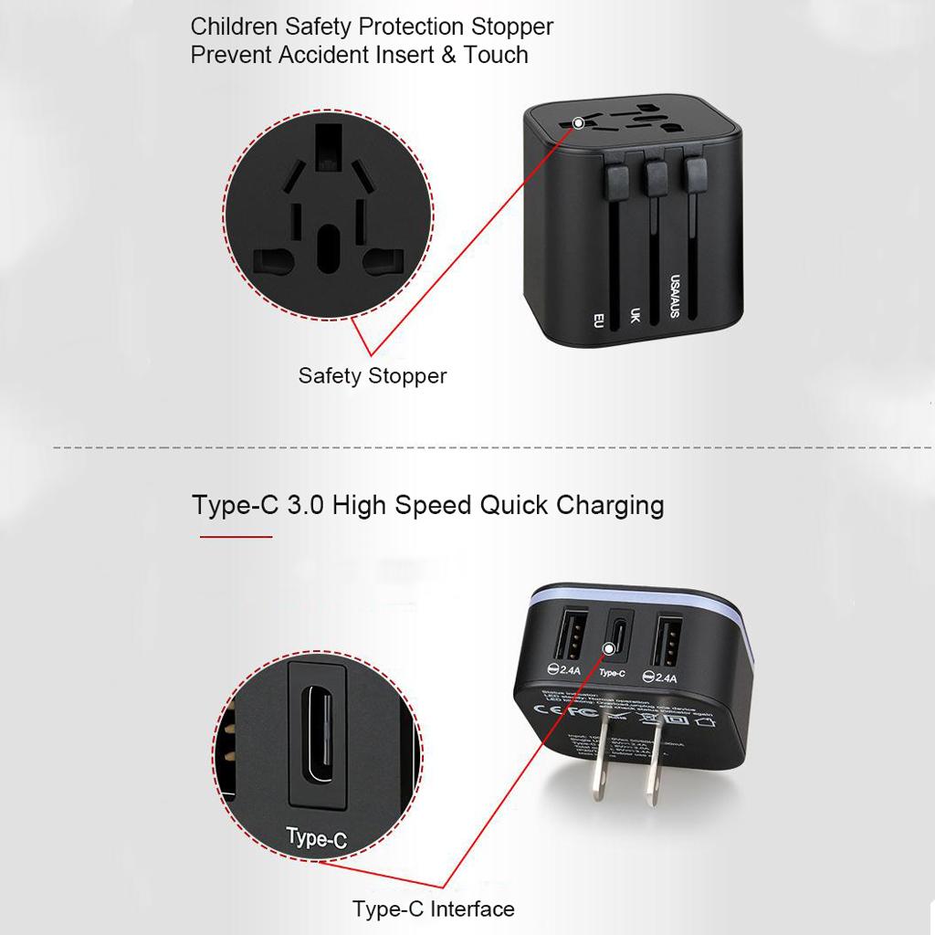 Travel Adapter International Power Charger Plug Converter 2-USB Type-C Black