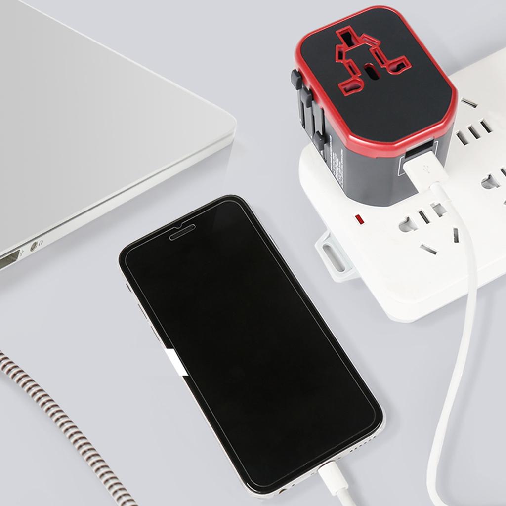 Universal All in One Travel Adapter Power Converter 2 USB Port Red