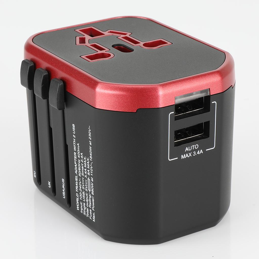 Universal All in One Travel Adapter Power Converter 2 USB Port Red