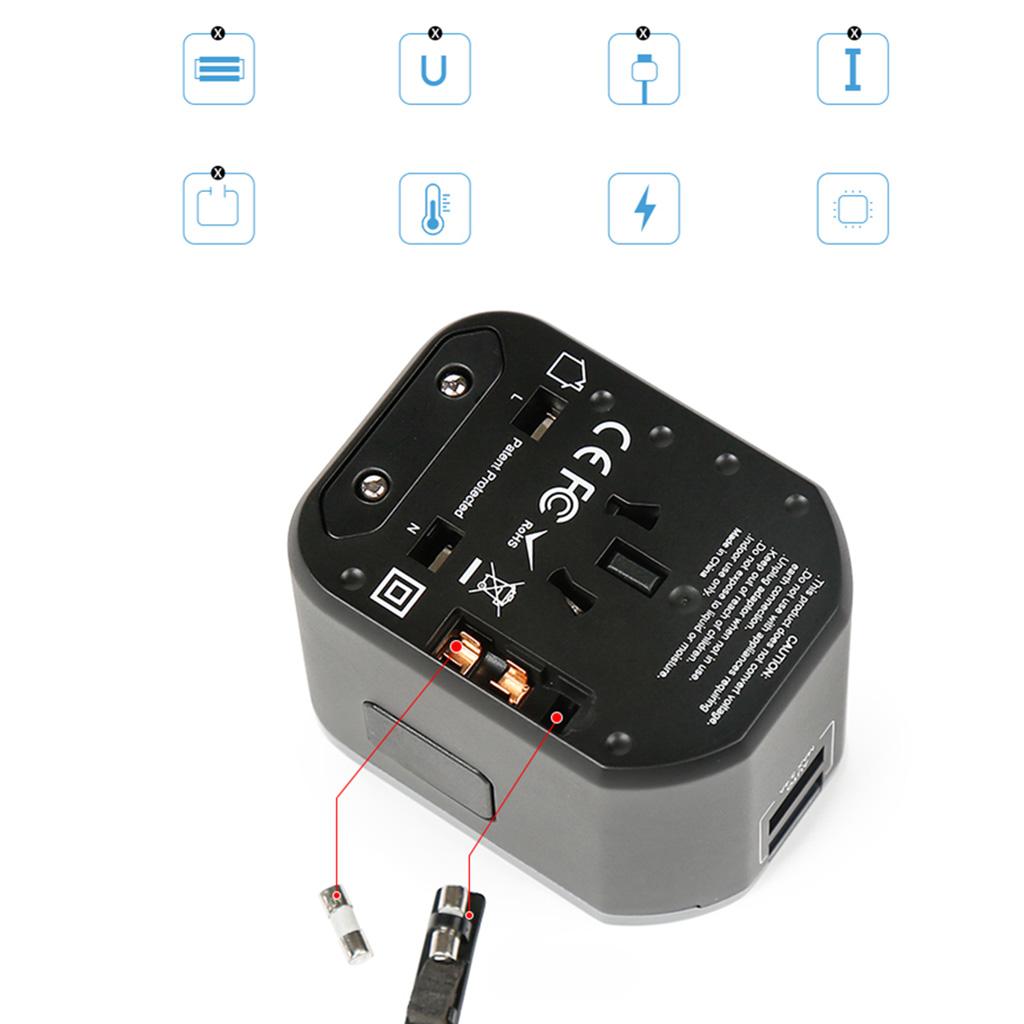 Universal All in One Travel Adapter Power Converter 2 USB Port Silver