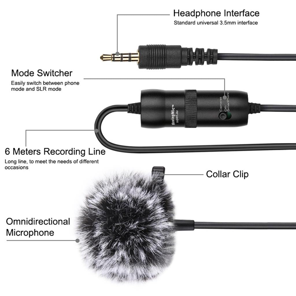Clip-on Lapel Mini Lavalier Mic Microphone For Phone Omni-direction 6M