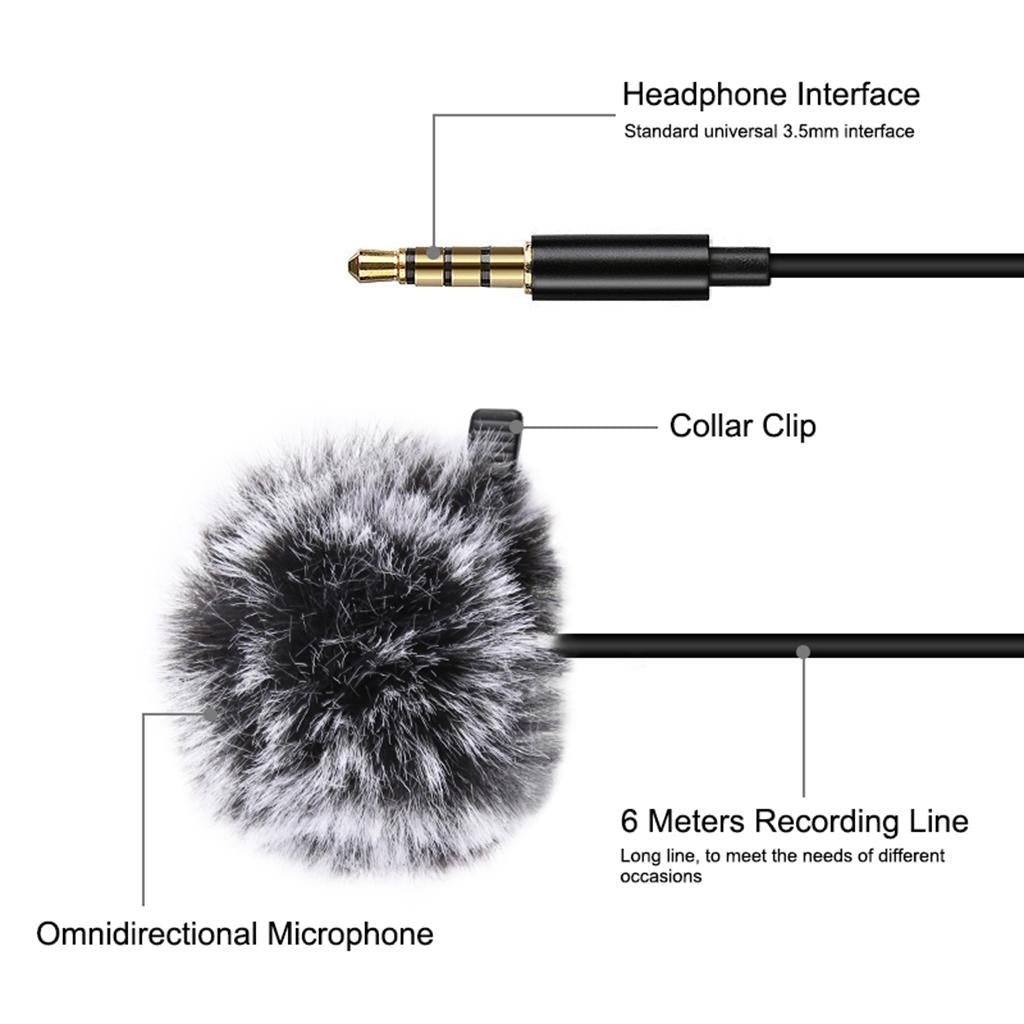 Clip-on Lapel Mini Lavalier Mic Microphone For Phone 3.5mm Jack 6M