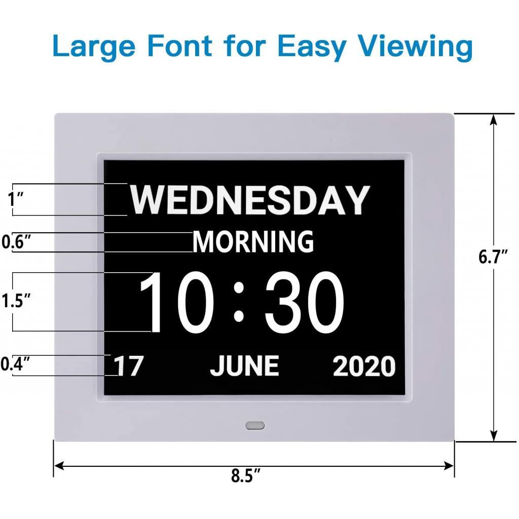 8" Large Screen Display Day & Month Digital Calendar Alarm Day Clock Elderly
