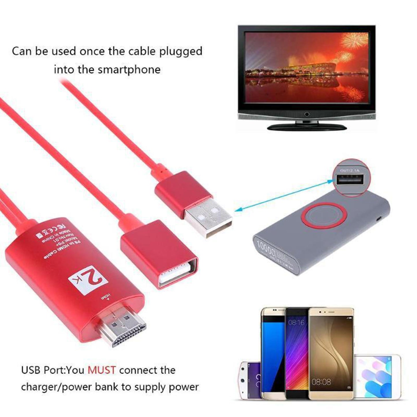 2m Full HD 1080P USB to HDMI Cable Adapter for iPhone 8 X 7 Android Phones