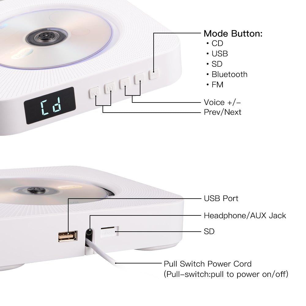 Bluetooth CD Player with FM Speakers MP3 Headphone Jack AUX SD Card US