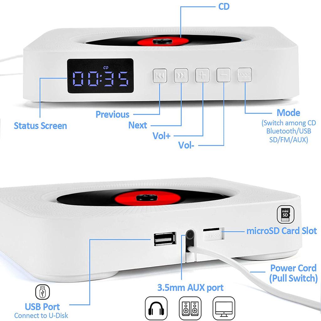 Bluetooth CD Player with FM Speakers MP3 Headphone Jack AUX SD Card US