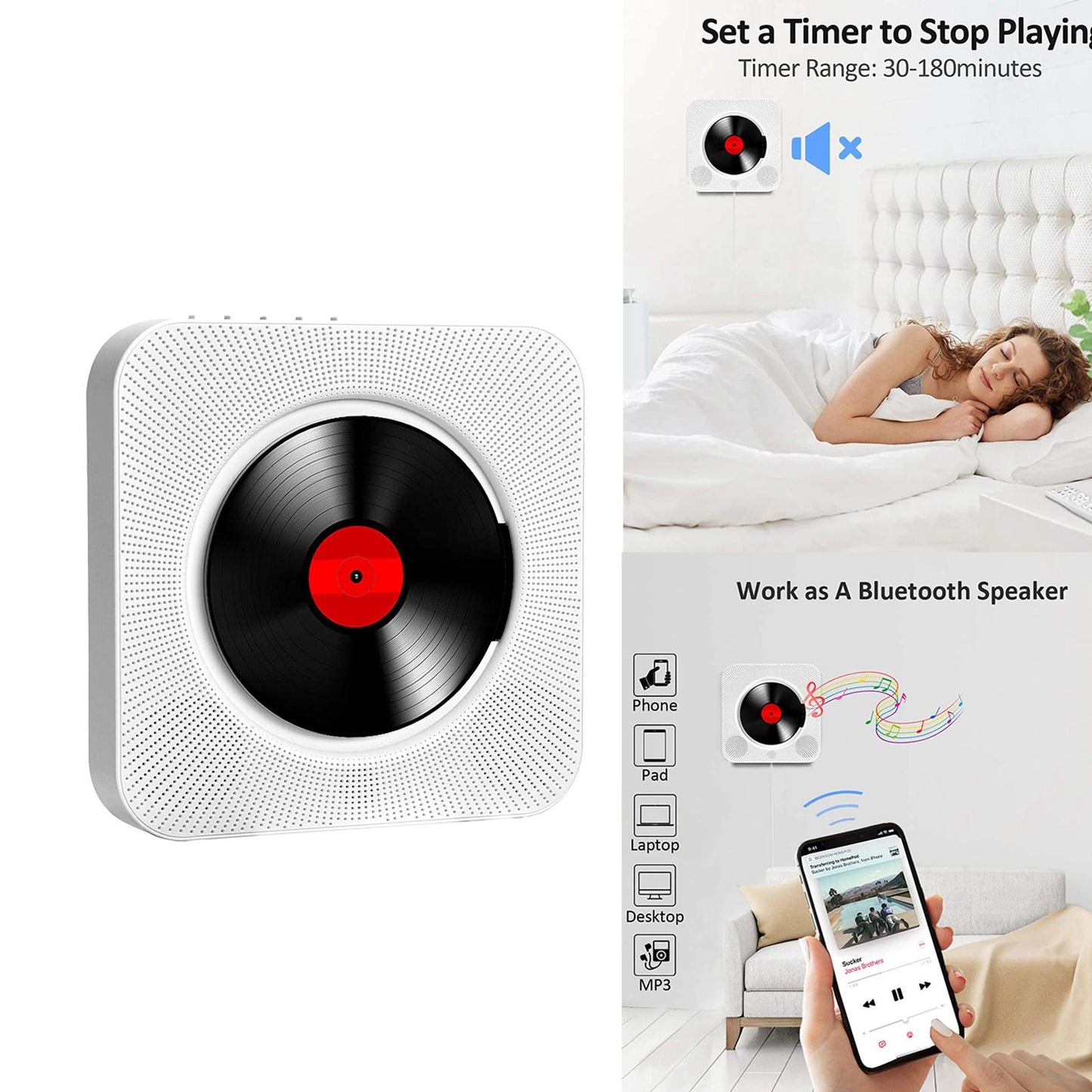 Portable Bluetooth CD Player Wall Mountable Remote Control w/Headphone Jack