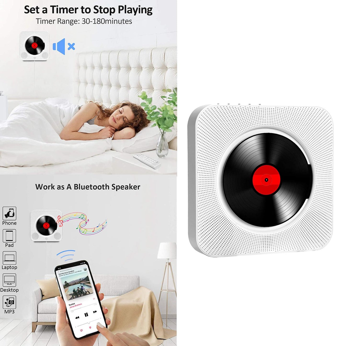 Portable Bluetooth CD Player Wall Mountable Remote Control w/Headphone Jack
