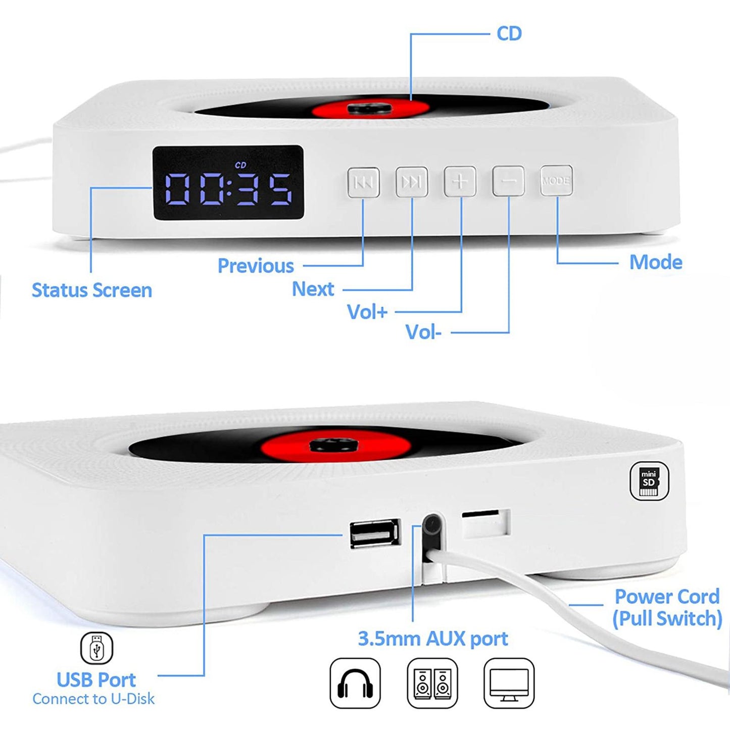 Bluetooth CD Player Wall Mountable Remote Control w/Headphone Jack EU Plug