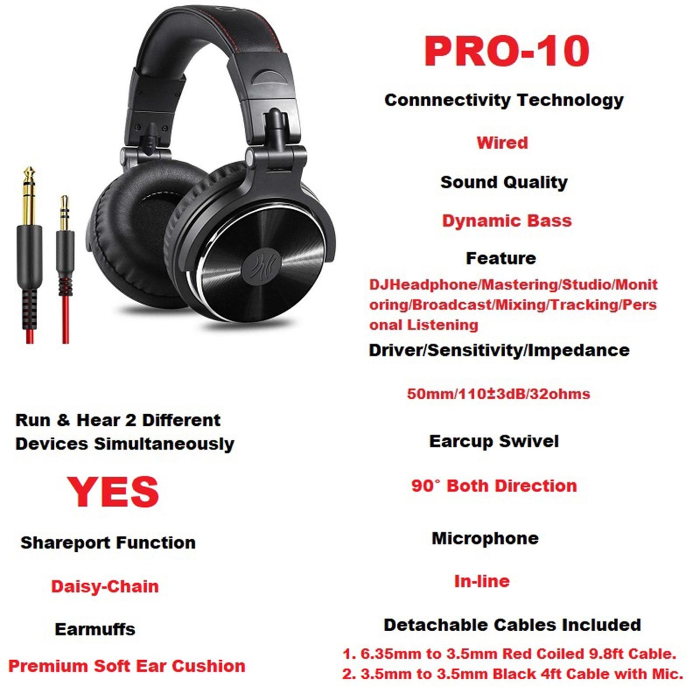 Over Ear DJ Stereo Wired Headphone Headsets for Studio Grey