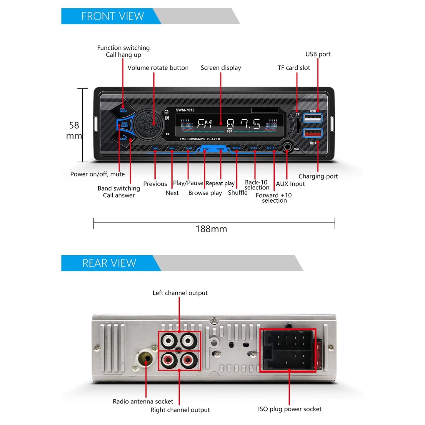 Car 12V FM Radio Bluetooth USB MP3 Player Receiver with Remote Control