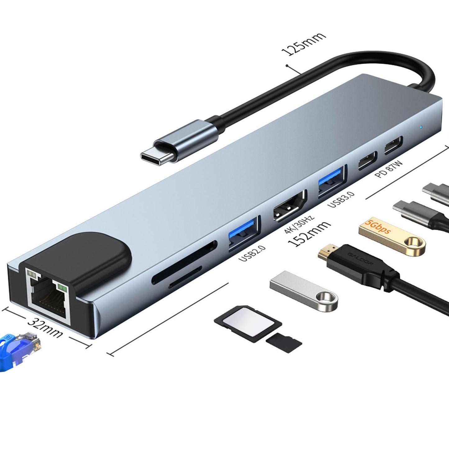 8 in 1 USB C Hub Multiports Adapter 2 USB 3.0 Port for PC Laptop Type C