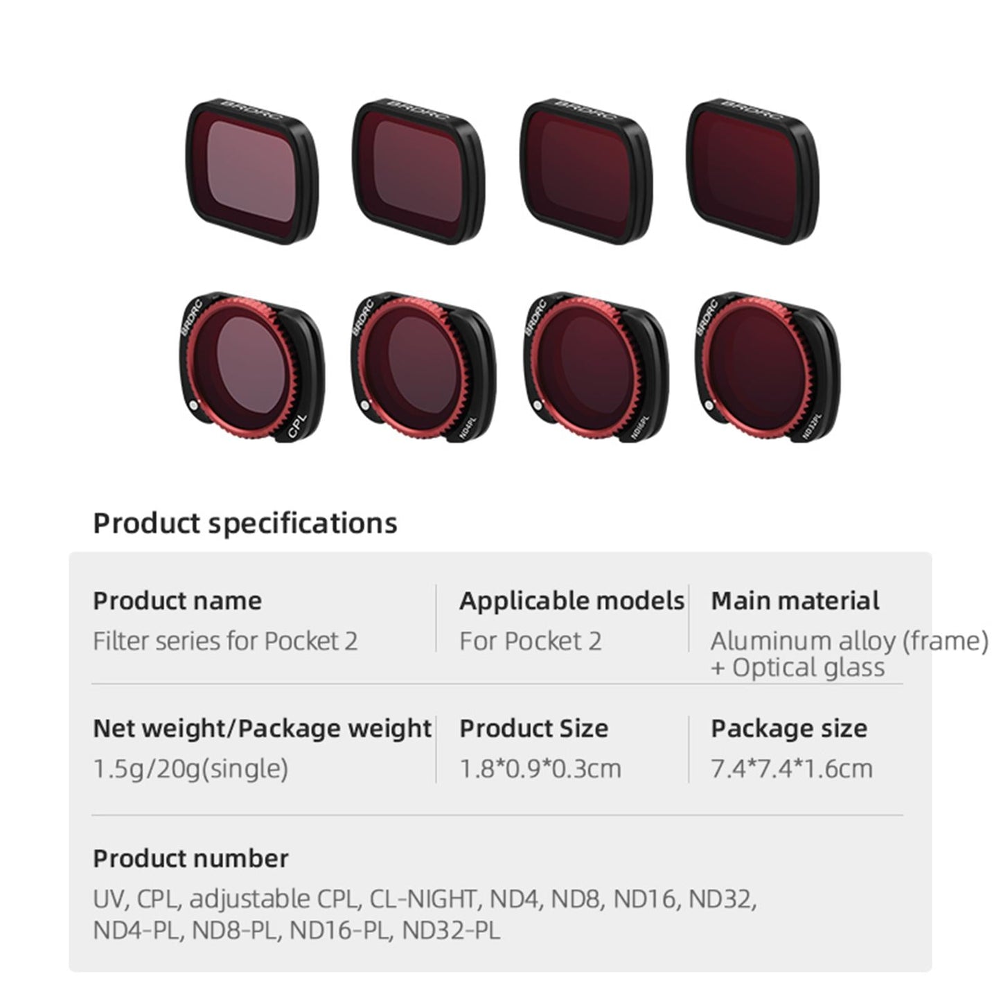 3-pack Lens Filter Kit Replaces for DJI POCKET 2 Metal Frame UV CPL ND8-PL