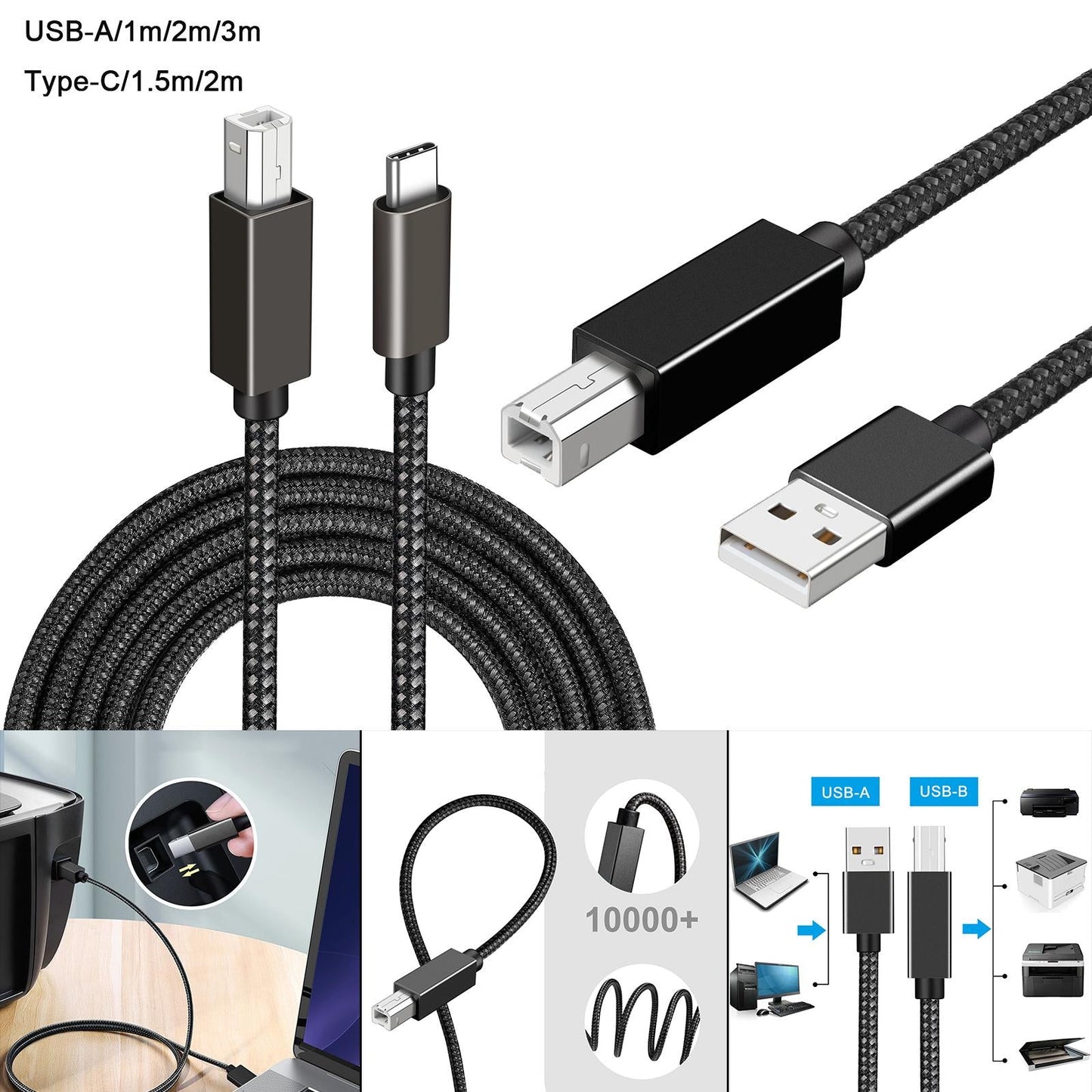 Printer Cable Line A Male to B Male High Speed Cord Black USB2.0 1m