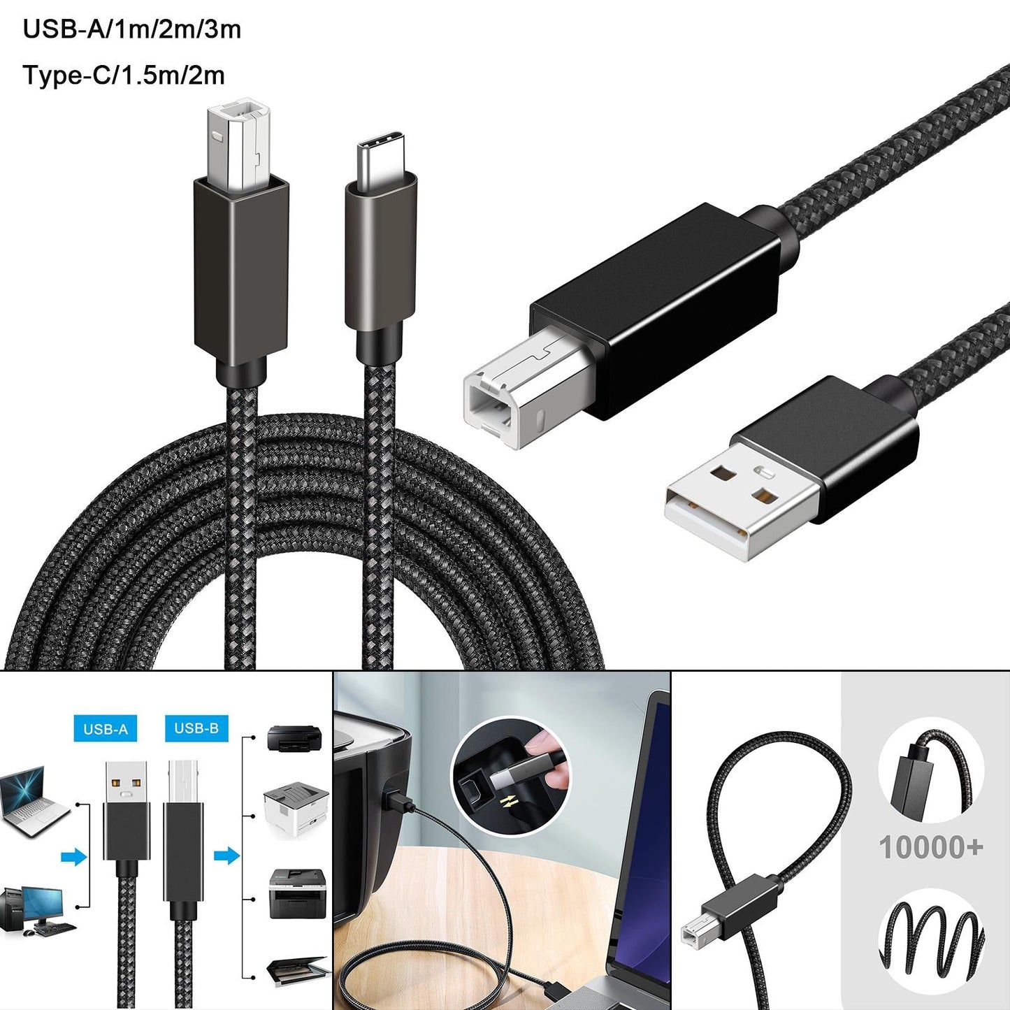 Printer Cable Line A Male to B Male High Speed Cord Black USB2.0 1m