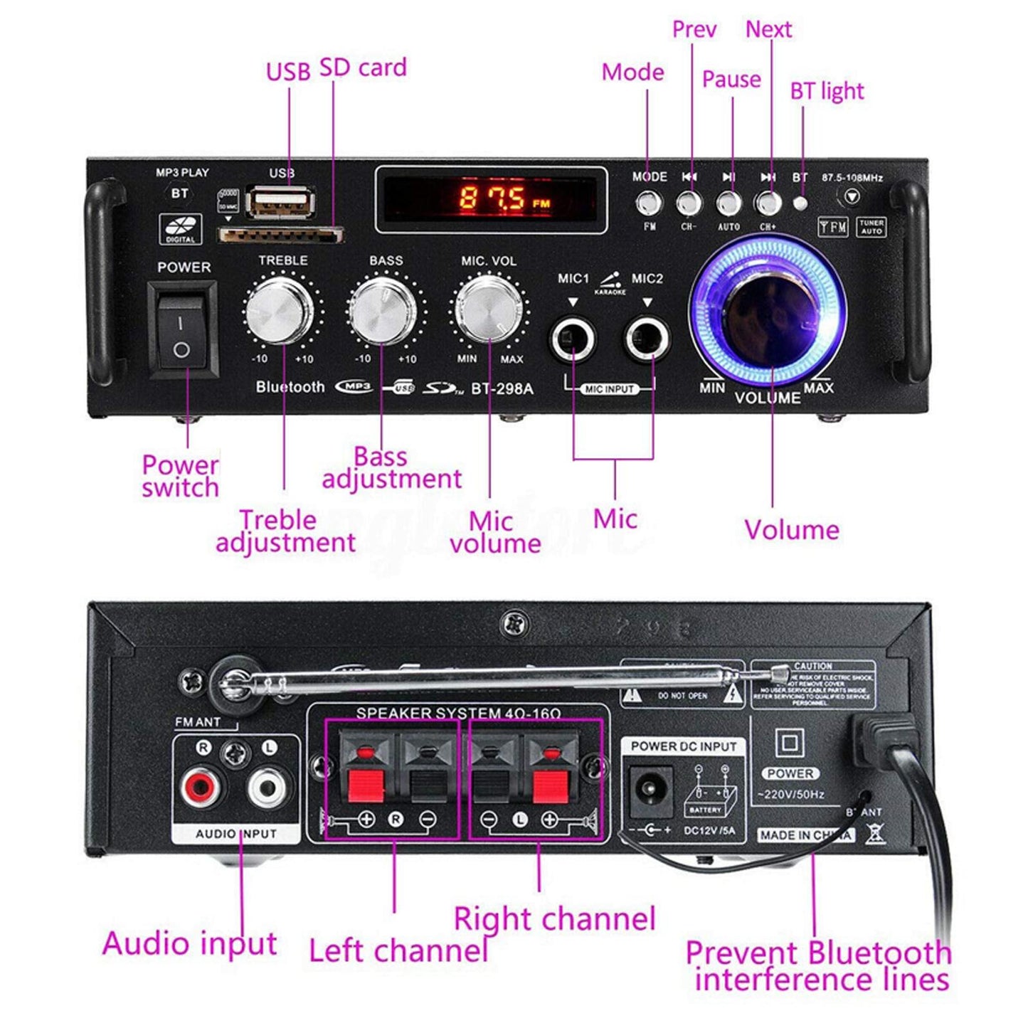 Mini 600W Bluetooth Car Audio Power Amplifier 12V 220V Receiver Speaker Amp