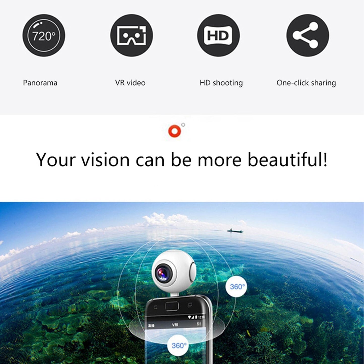 360 Camera Panoramic HD Shooting Selfie Wide Videcam for Outdoor cam White
