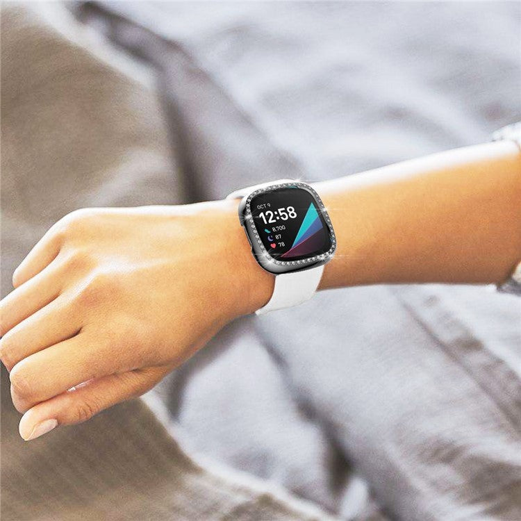 Single Row Rhinestone Decor PC Protective Cover Frame for Fitbit Versa 3/Sense - Silver