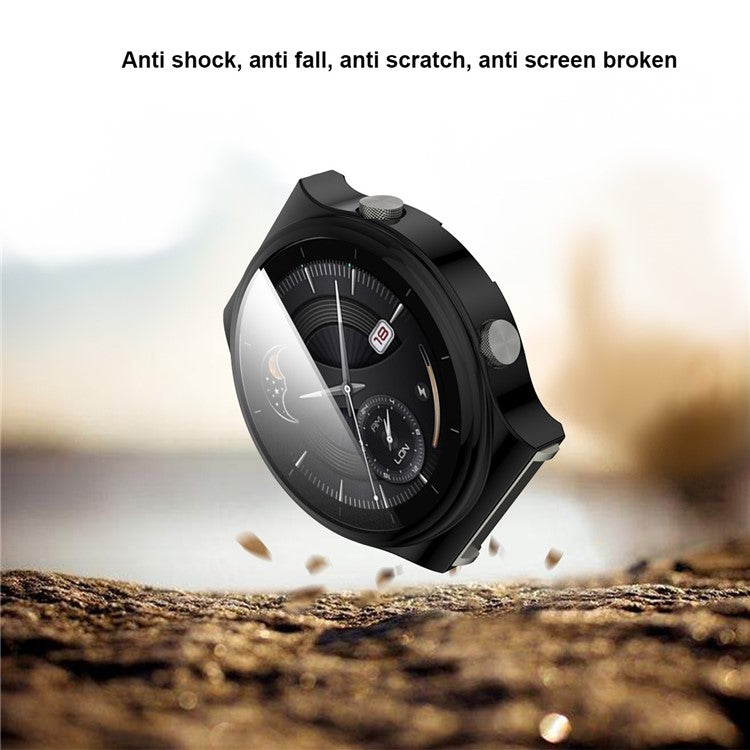 Tempered Glass Screen Protector Electroplated TPU Frame Case for Huawei Watch GT 2 Pro / Classic / Sport - Black