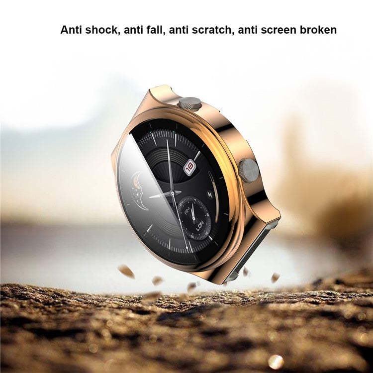 Tempered Glass Screen Protector Electroplated TPU Frame Case for Huawei Watch GT 2 Pro / Classic / Sport - Rose Gold