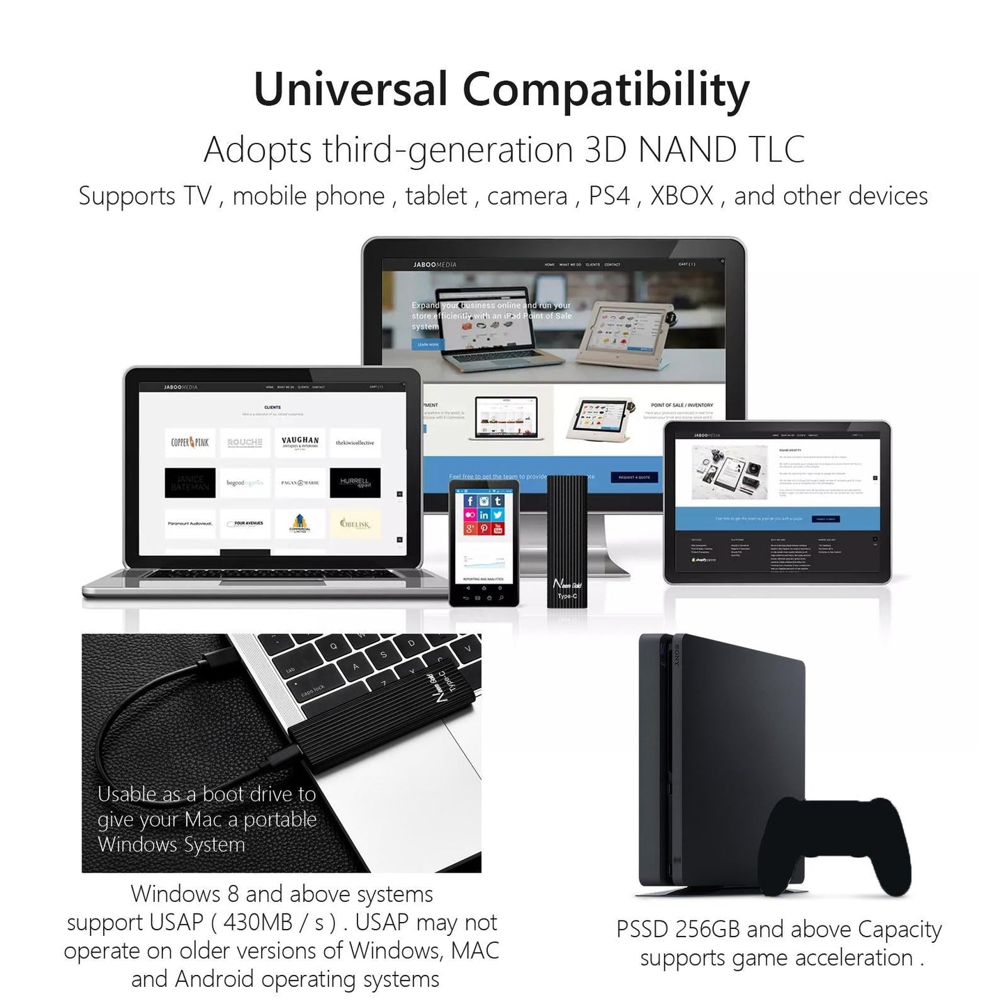 External SSD USB3.1 Solid State Disk for TV  Phone Camera 2TB Black
