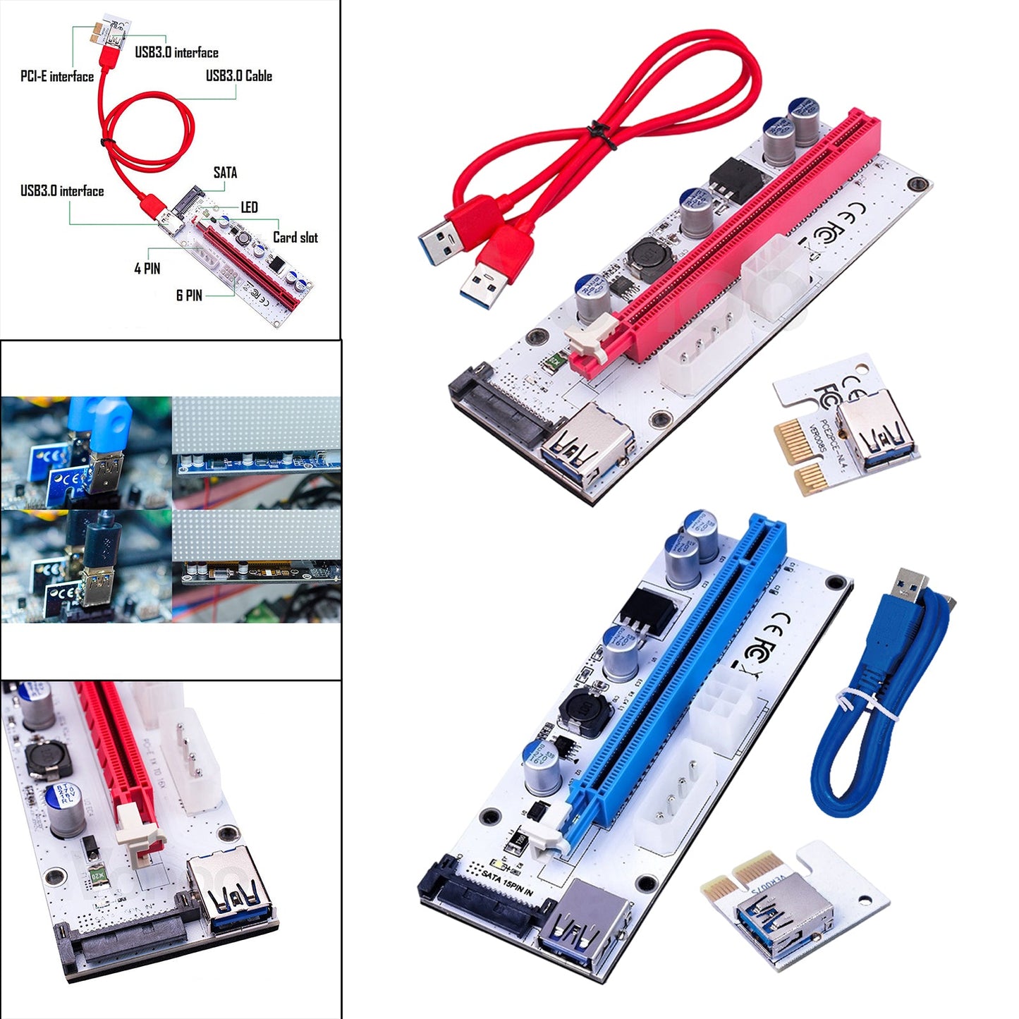 PCIE Riser Card Adapter PCI Express 1x to 16x Extension for Miner blue white