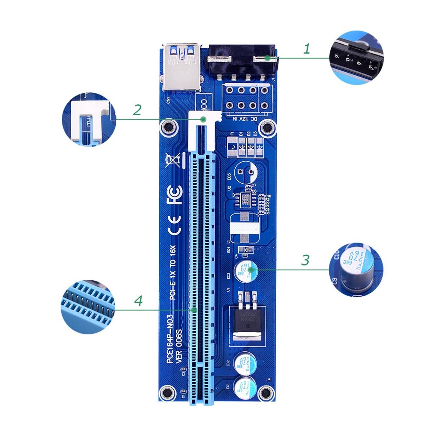 VER006S PCI-E Riser Card PCIE 1X to 16X USB 3.0 SATA Power for Bitcoin 4pin