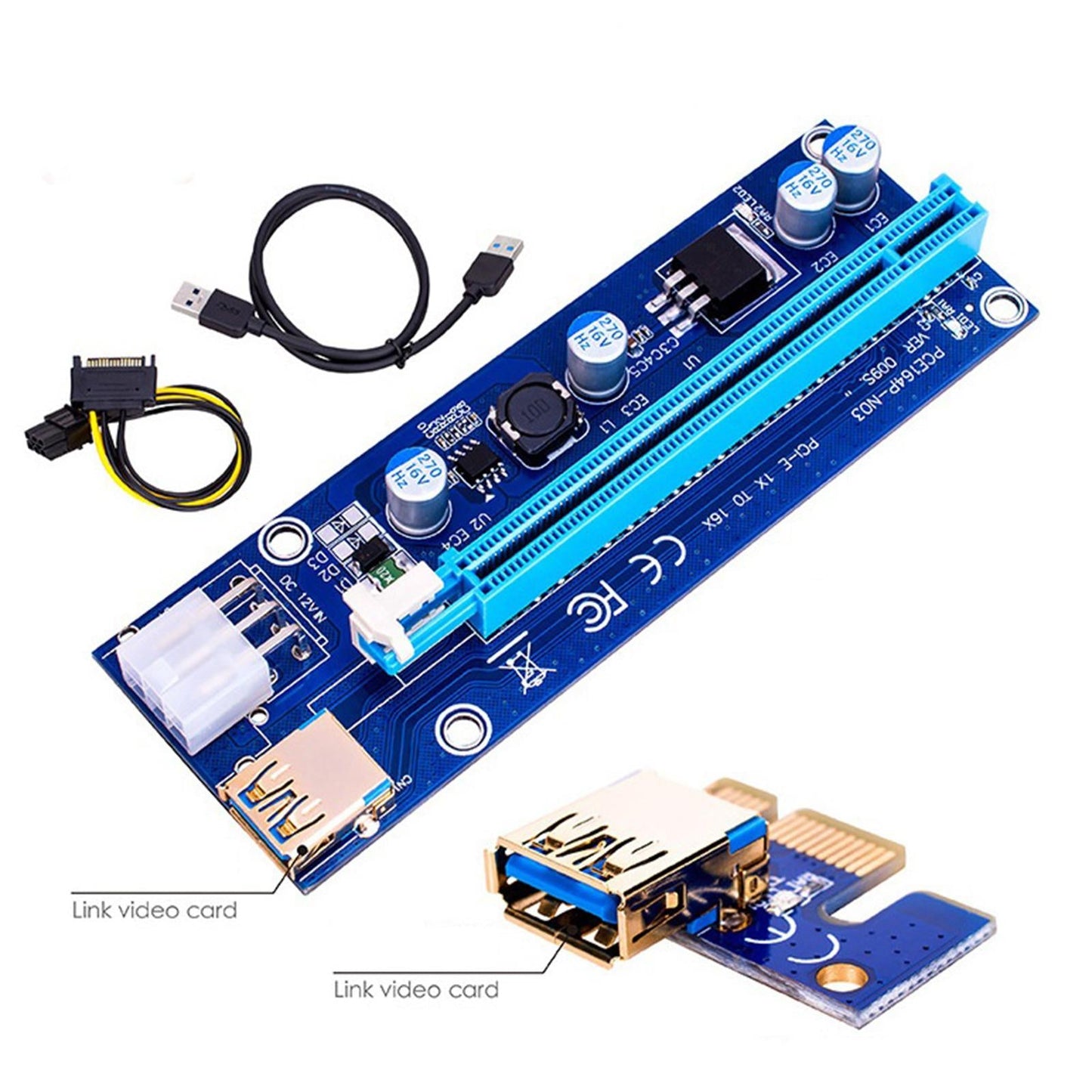 VER009S PCI-E Riser Card Adapter PCIE 1X 16X USB 3.0 60CM Cable SATA Power