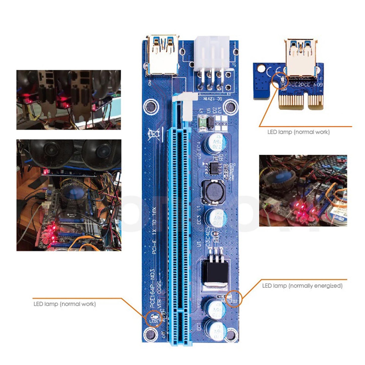 VER009S PCI-E Riser Card Adapter PCIE 1X 16X USB 3.0 60CM Cable SATA Power