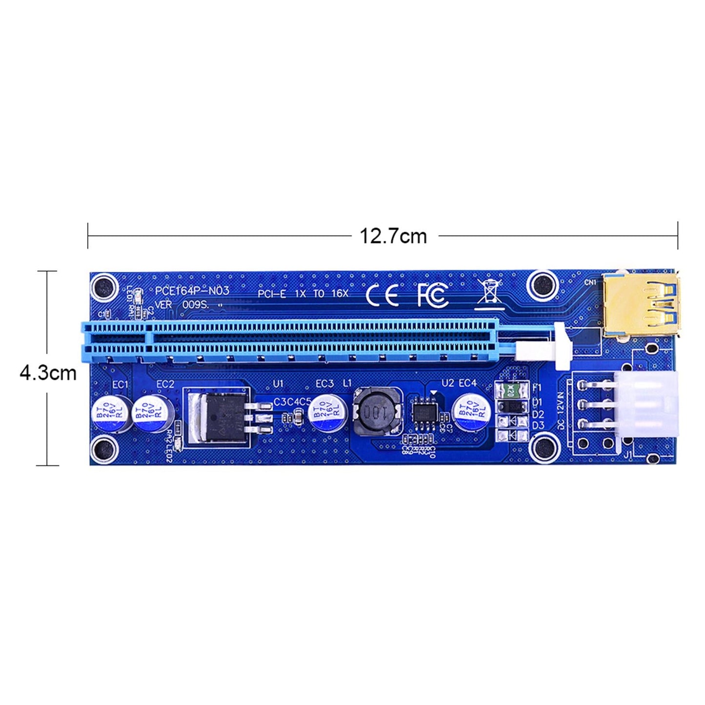 VER009S PCI-E Riser Card Adapter PCIE 1X 16X USB 3.0 60CM Cable SATA Power