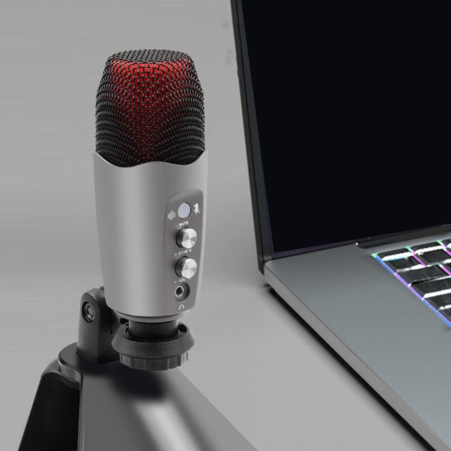 Condenser USB Microphone w/Stand for PC Laptop Gaming Studio Recording Grey