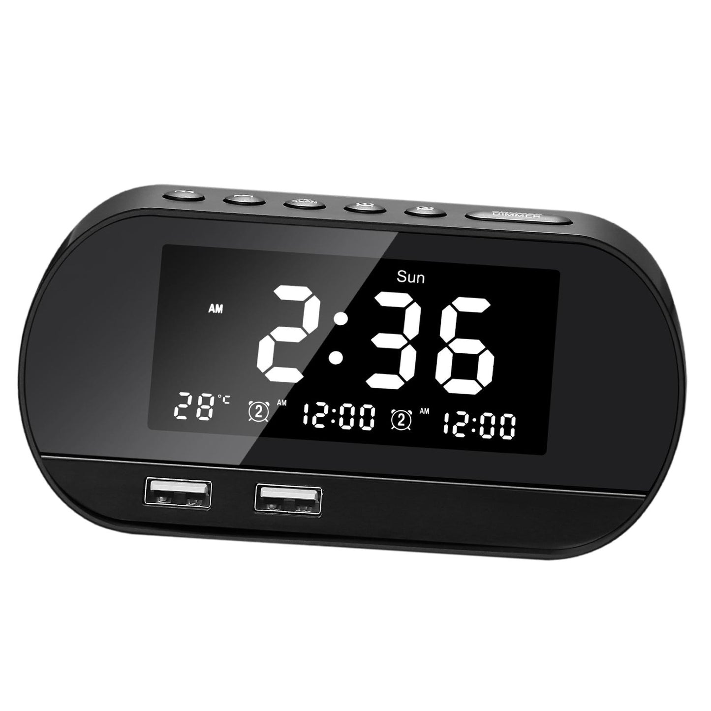 Desktop Alarm Clock with Speaker FM Function Dual USB Port LED Display Black