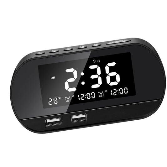 Desktop LED Mirror Alarm Clock with HIFI Speaker FM Dual USB Ports Black