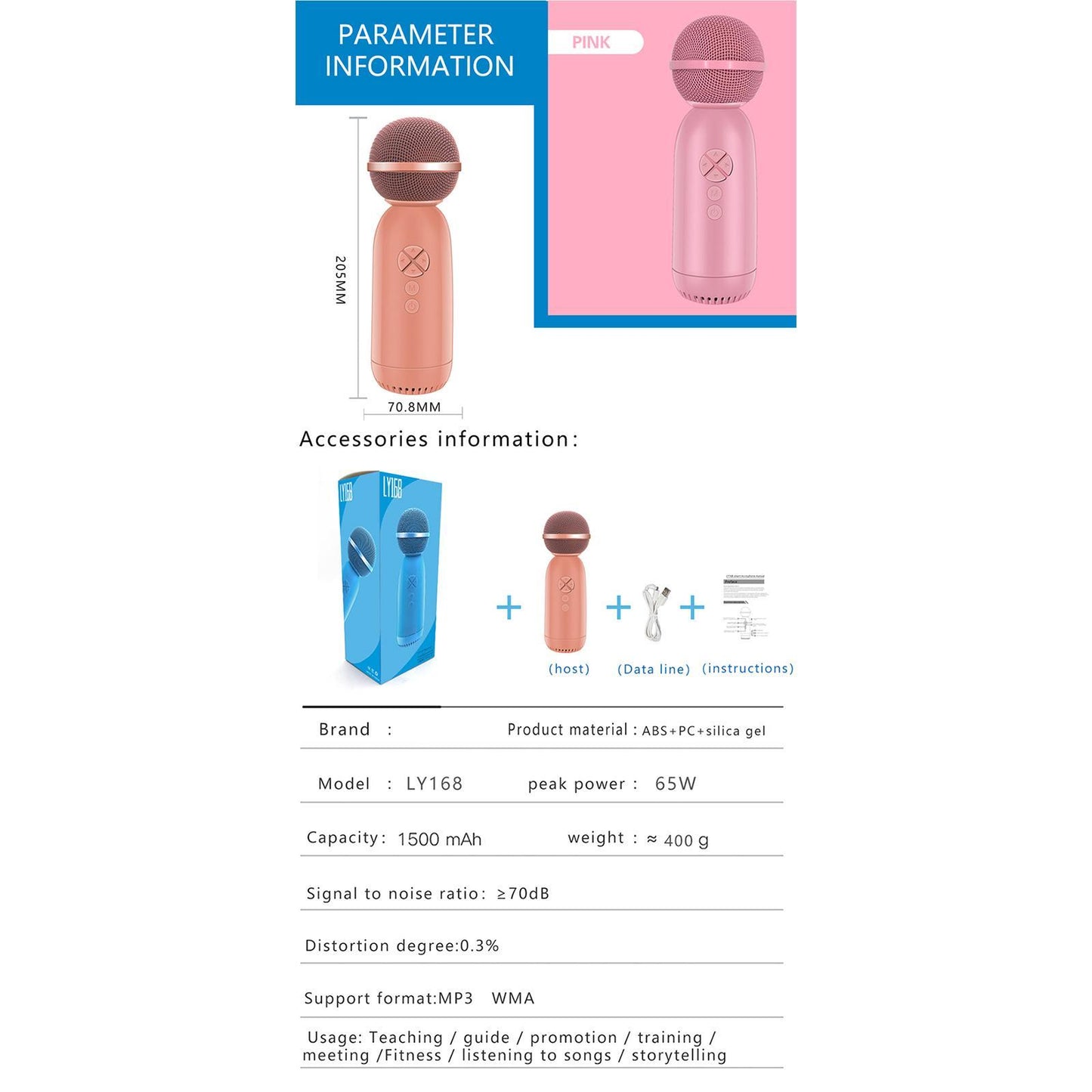 2 in 1 Wireless Karaoke Microphone Bluetooth 5.0 for Kids Adults Blue