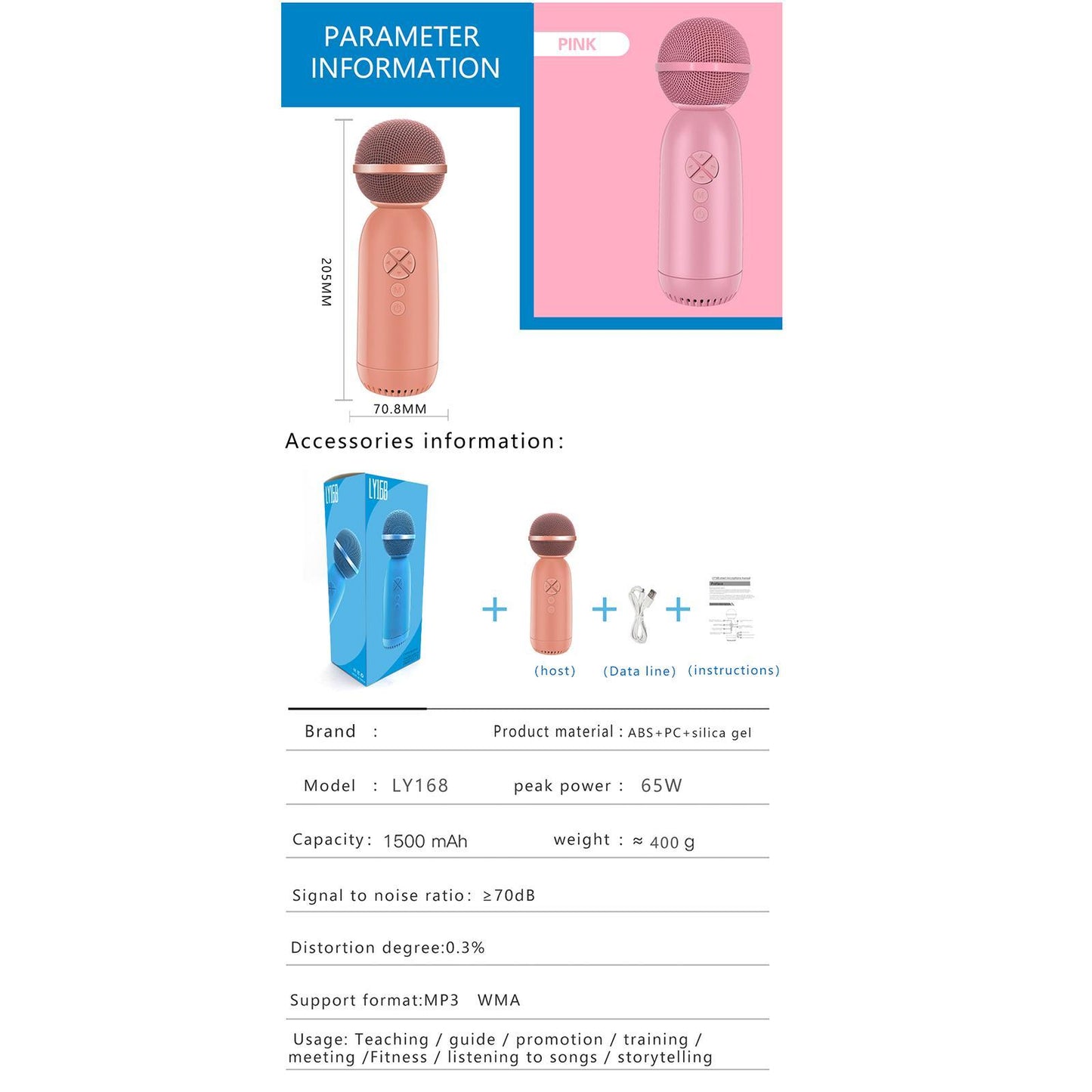 2 in 1 Wireless Karaoke Microphone Bluetooth 5.0 for Kids Adults Blue