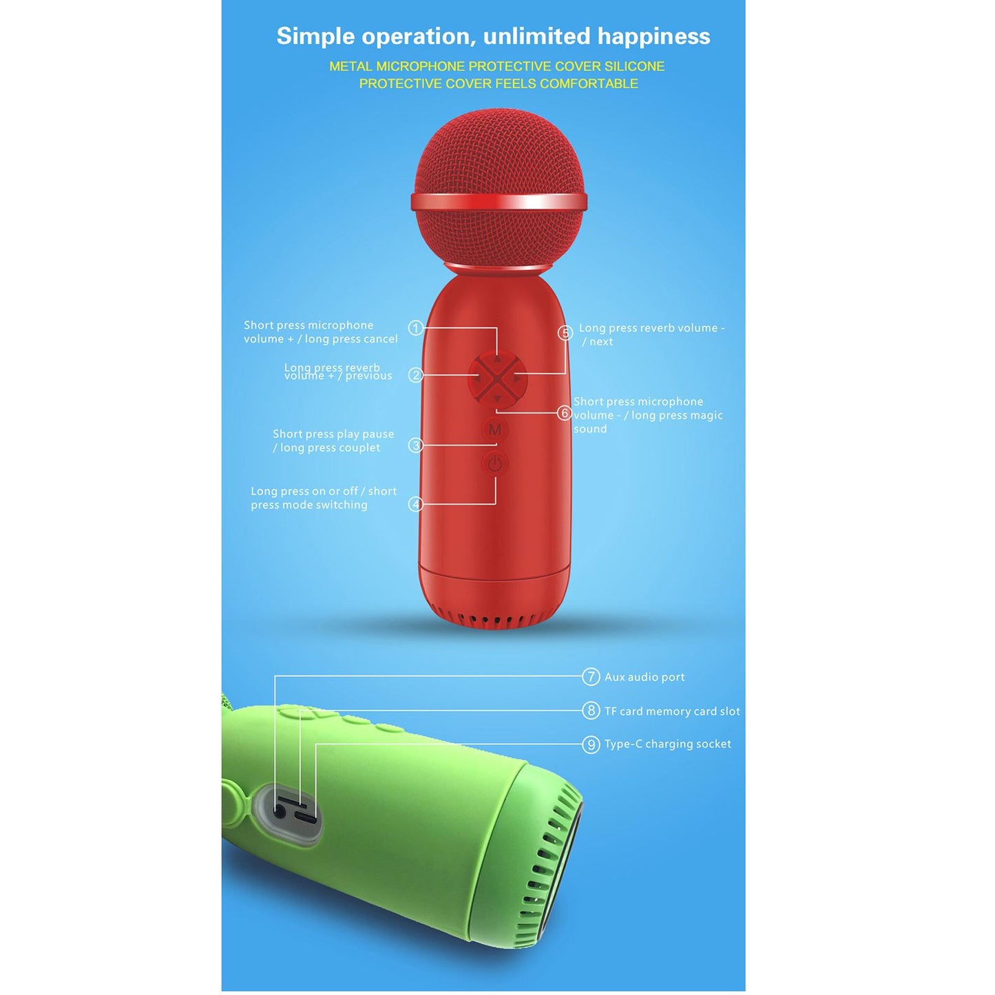 2 in 1 Wireless Karaoke Microphone Bluetooth 5.0 for Kids Adults Red