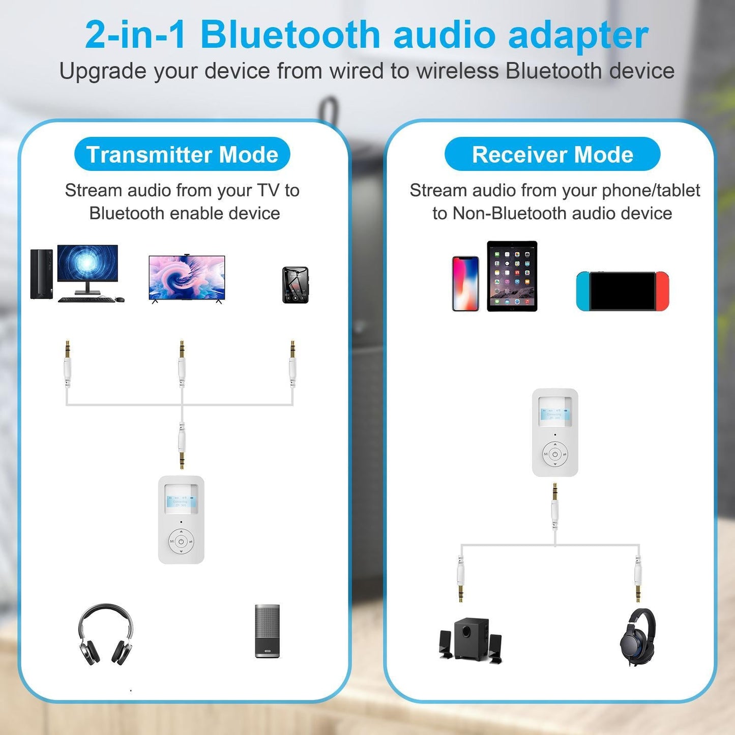 Portable Wireless Bluetooth Audio Transmitter Receiver 3.5MM 2 in1 Adapter