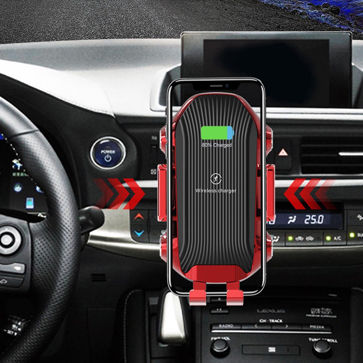 Car Phone Holder Wireless Charger Suction Mount Fast Charge Smartphones Red