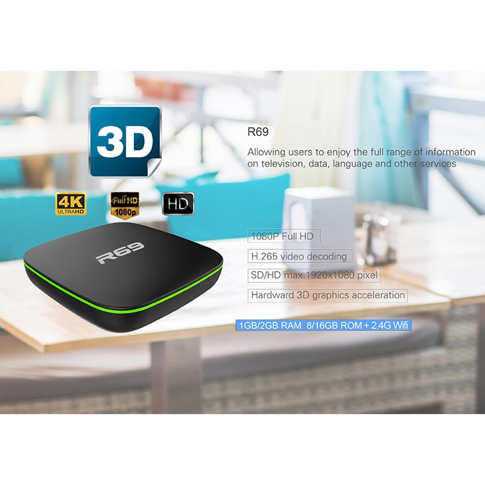 R69 Smart TV Case 4K HD Quad-Core 2.4G Wifi Plug-UK 1G RAM 8G ROM