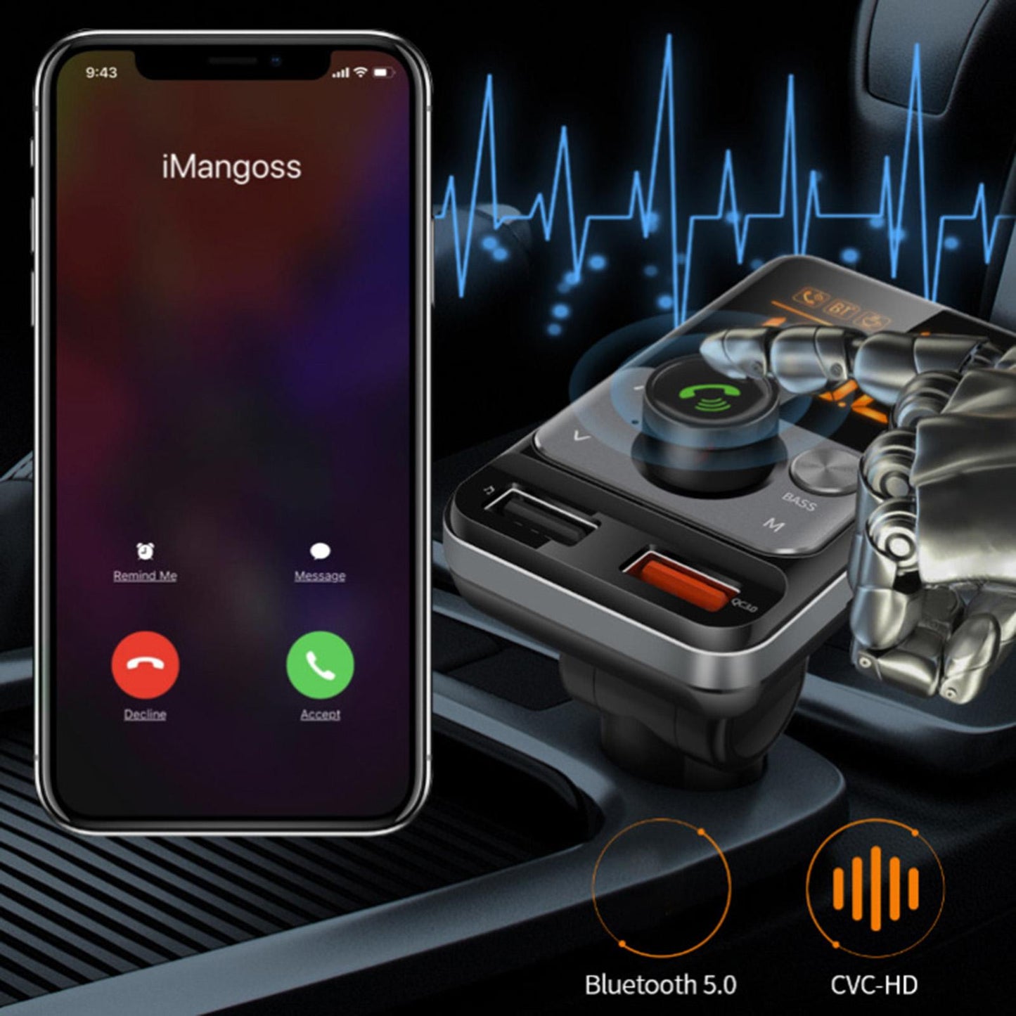 Bluetooth FM Transmitter Dual LED Display for Car Stereo Streaming Projector