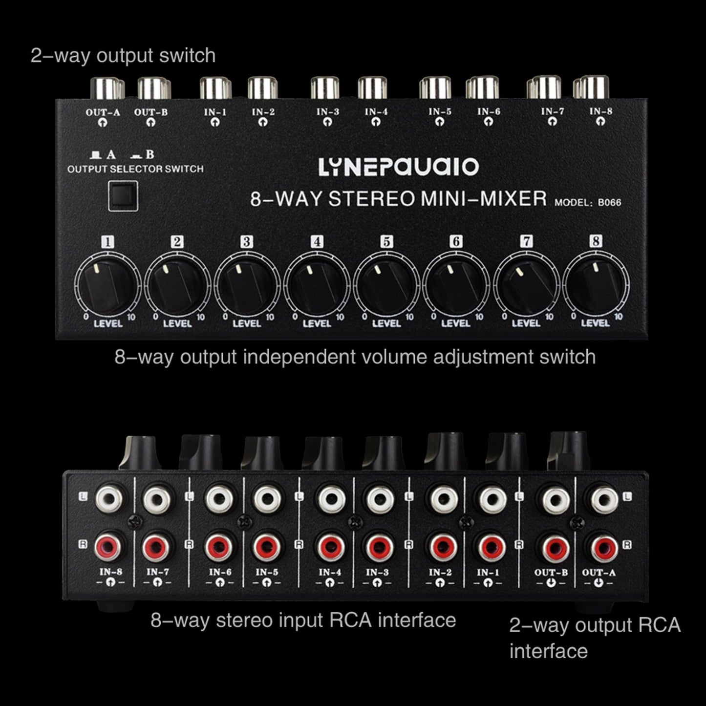 8 in 2 Out AV Switch RCA Switcher 8-Way Impedance Speaker for Home Theater