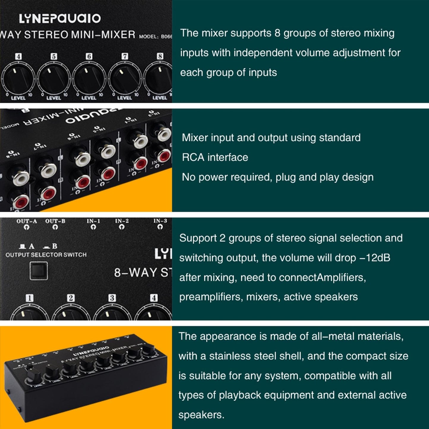 8 in 2 Out AV Switch RCA Switcher 8-Way Impedance Speaker for Home Theater