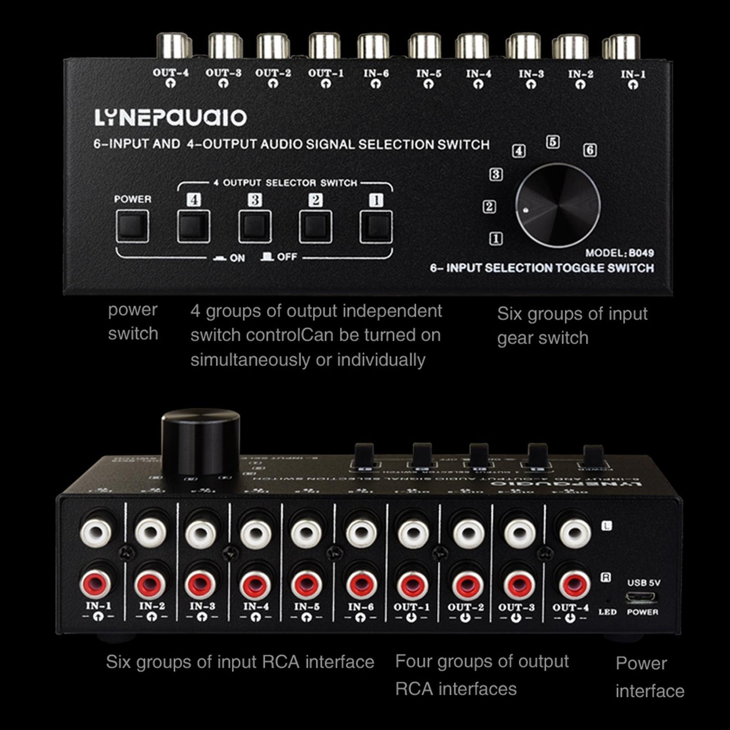 6 in 4 Out Audio Signal Switcher Audio Frequency Select for Headphone Phones